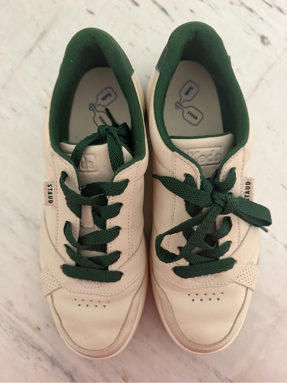 STAUD x Keds Cream Leather Sneakers with Dark Green Accents